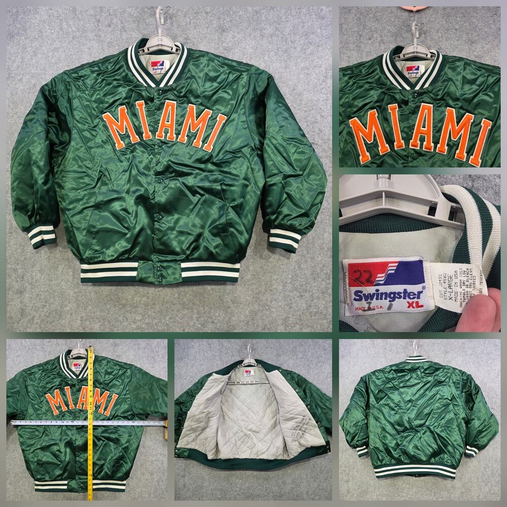 Vintage Miami Hurricanes Jacket Mens XL Green NCAA‎ Football Swingster Satin USA